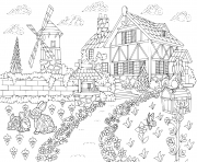 Coloriage adulte paysage rural ferme moulin a vent puits d eau boite aux lettres lapins et oiseau pic cro