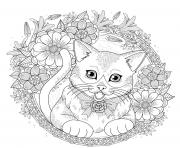 Coloriage chat mandala avec fleurs et roses