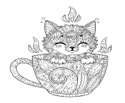 Coloriage petit chaton dans tasse de cafe pour une detente