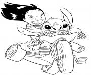 Coloriage stitch et lilo adore la vitesse avec leur nouvel moto