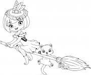 Coloriage sorciere halloween avec son chat qui risque de tomber