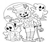 Coloriage halloween epouvantail citrouille lune et cimetiere