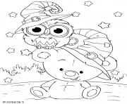 Coloriage petit nounours pour halloween avec un hibou