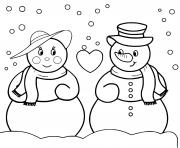 Coloriage amour entre deux bonhommes de neige sous la neige