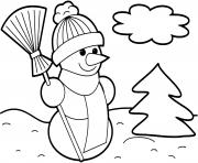 Coloriage bonhomme de neige souriant en hiver avec un jolie sapin