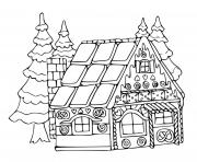 Coloriage maison biscuit pain epice avec des sapins