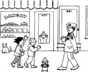 Coloriage des enfants disent bonjour a un policier