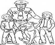 Coloriage chien policier et officier avec deux enfants 1