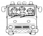 Coloriage camion de pompier avec trois pompiers pret a passer a laction