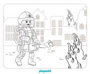 Coloriage Pompier Playmobil eteint un incendie dans une maison