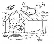 Coloriage animaux maternelle chat et chiens dans la maison de chien