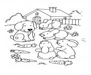 Coloriage chien avec ses amis animaux lapins et des carottes