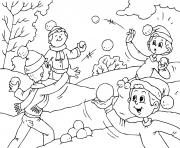 Coloriage les enfants jouent a la bataille de neige en hiver