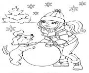 Coloriage Fille avec un chiot sculpte un grand globe de neige