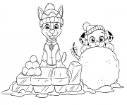 Coloriage Pat Patrouille Ryder et Marshall sur un lit de glace et boule de neige