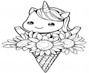 Coloriage licorne kawaii cone fleurs