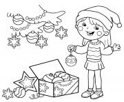 Coloriage fille prepare le sapin de noel avec des decorations festives