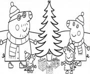 Coloriage la famille peppa pig autour du sapin de noel