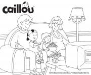 Coloriage la famille caillou regarde un film a la television