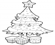 Coloriage jolie sapin de noel decore avec des boules de noel et des cadeaux au pied du sapin