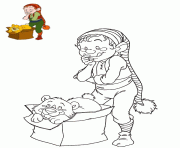 Coloriage lutin emballe un cadeau nounours dans une boite