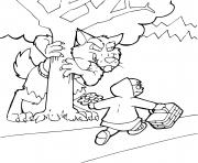 Coloriage petit chaperon rouge et un loup derriere un arbre