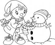 Coloriage oui oui fait un bonhomme de neige hiver