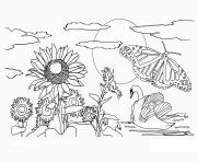 Coloriage nature fleurs papillon soleil