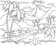 Coloriage volan en eruption dans une foret tropicale