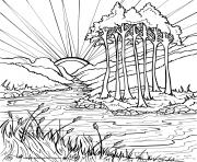 Coloriage couche de soleil en plein nature lav et arbres