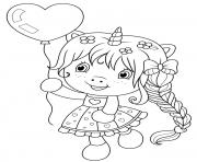 Coloriage cartoon fille licorne avec ballon en coeur pour la st valentin