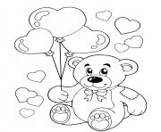 Coloriage ours en peluche avec des ballons en forme de coeurs