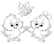 Coloriage deux poussins avec un papillon