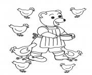 Coloriage Petit Ours Brun donne a manger aux poules