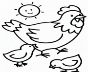 Coloriage poule avec ses deux poussins