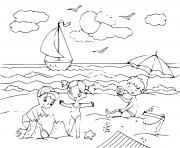 Coloriage enfants sur une plage en bord de mer