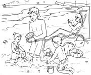 Coloriage plage avec la famille et les enfants