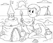 Coloriage garcon fait un chateau de sable sur une plage