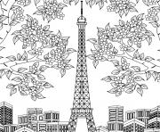 Coloriage tour eiffel arbres fleurs batiments de paris