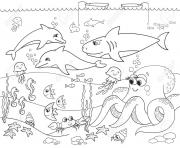 Coloriage fond marin avec les animaux de la mer