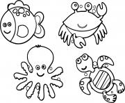 Coloriage animaux aquatique poisson crabe tortue pieuvre