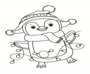 Coloriage pingouin pret pour noel avec des lumieres de sapin de noel