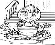 Coloriage la petite fille masha est dans un seau