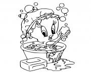 Coloriage oiseau titi prend son bain