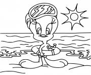 Coloriage titi looney tunes a la plage en vacance