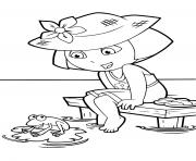 Coloriage dora fait du camping pres du lac avec une grenouille