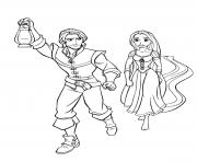 Coloriage flynn rider et raiponce ensemble entrain de marcher avec une lanterne