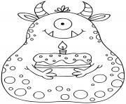 Coloriage monstre rigolo avec son gateau anniversaire