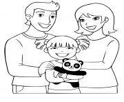 Coloriage famille avec leur fille unique et son panda nounours