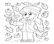 Coloriage fille prend une feuille automne arbre